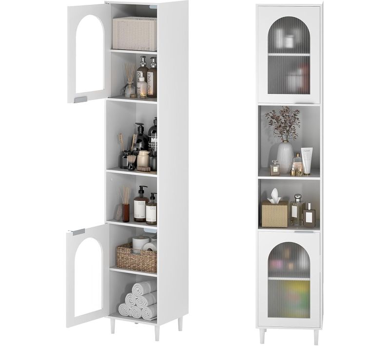 Meuble Colonne Salle De Bain Haute, Meuble De Rangement Étroit Avec 2 Portes En Verre Trempé, Blanc