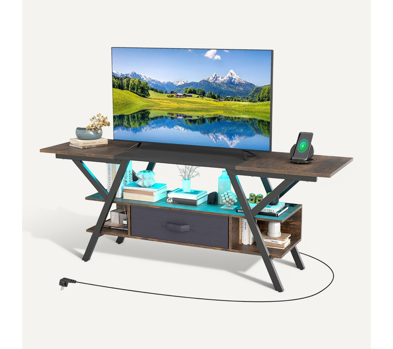 Meuble TV LED 140 Cm Pour Téléviseurs 65 Pouces, Meuble Tele Avec Prise (brun Rustique)