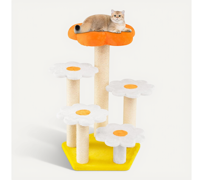 Grand Arbre à Chat à Thème Floral 90 Cm, Arbre à Chat Design, 5 Plateformes, 59 × 56 × 90 Cm