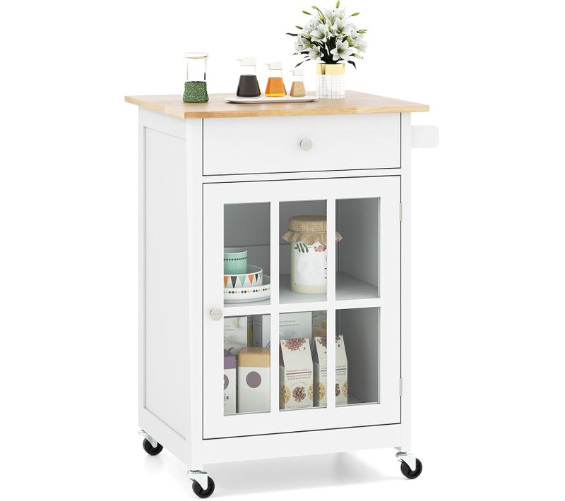 Desserte De Cuisine Avec Plateau En Bois D'hévéa, Chariot De Cuisine Mobile, Blanc