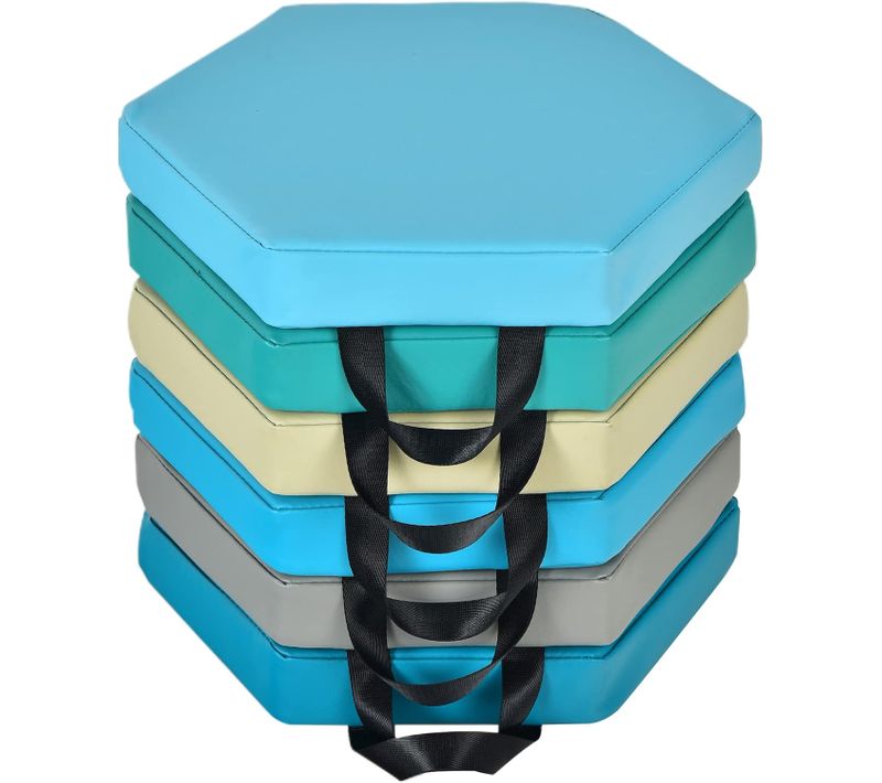 Lot De 6 Coussins Siège Enfant Hexagonaux 38x34 Cm, Surface Pu Imperméable, Poignées,bleu