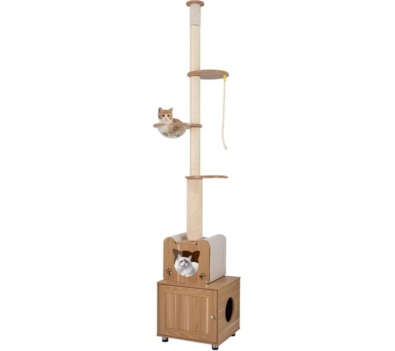 Arbre à Chat Plafond, 256-275 Cm Hauteur Ajustable, Arbre à Chat Avec Litiere Intégrée, Naturel