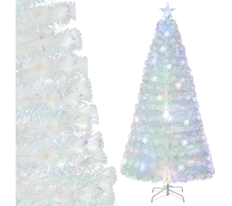 Sapin De Noël Artificiel Lumineux LED à Fibre Optique 210 Cm, Blanc Avec Feuilles Irisées