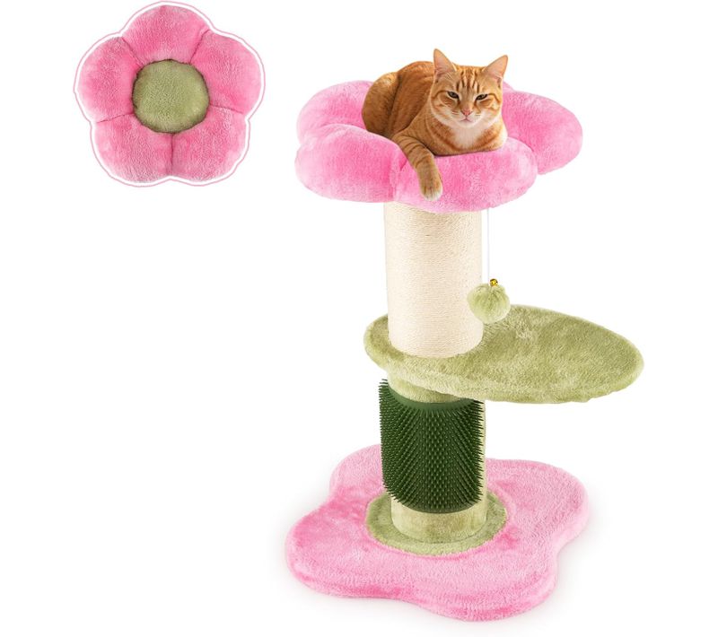 Arbre à Chat Fleur 40x40x69cm, 2 Plateformes, Poteau Sisal, Brosse Toilettage (rose)