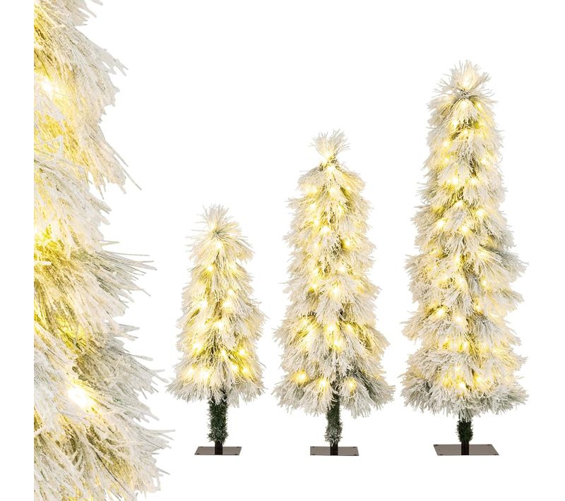 Lot 3 Sapins Noël 90+120+150cm Enneigés, Branches Pvc, LEDs Blanc Chaud ,vert Floqué
