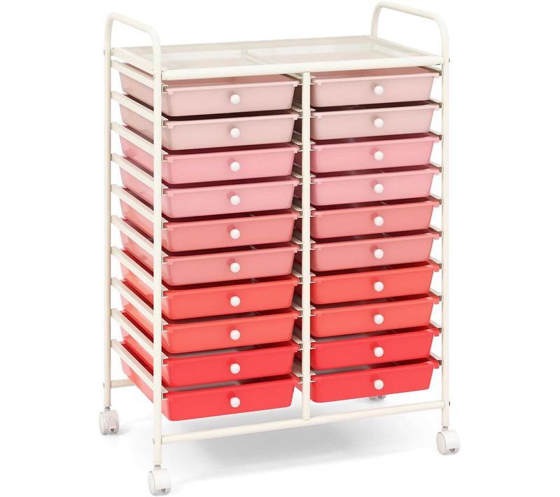 Chariot De Rangement à Roulette 20 Tiroirs En Pp Avec Tablette (xl - 20 Tiroirs,rose+blanc)