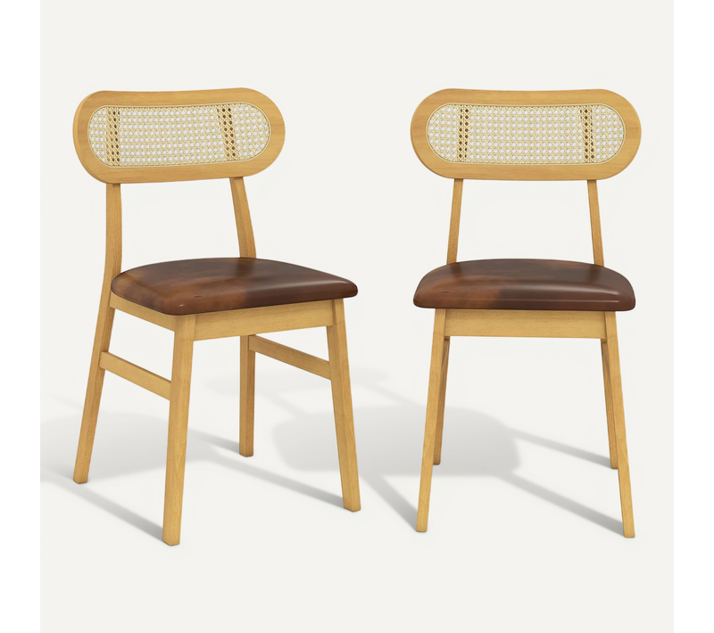 Chaise Salle à Manger Lot De 2, Bois D'hévéa, Dossier Rotin Cannage, Siège Rembourré (brun)