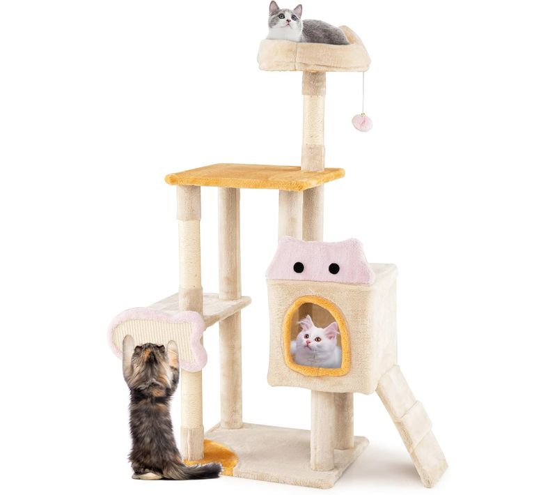 Arbre à Chat XXL Poisson 95x43x125cm, Condo, 4 Plateformes, Sisal, Rampe, 4 Niveaux,beige