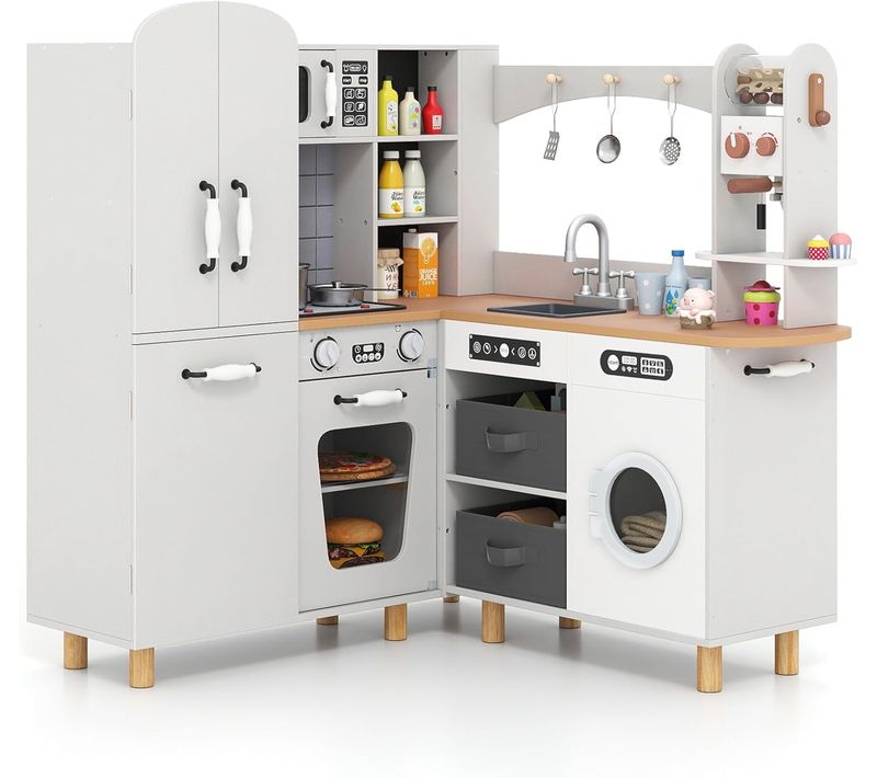 Cuisine Enfant D'angle Avec Lumières Et Sons Et Cafetière, 2 Bacs En Tissu, Pieds En Bois(blanc)