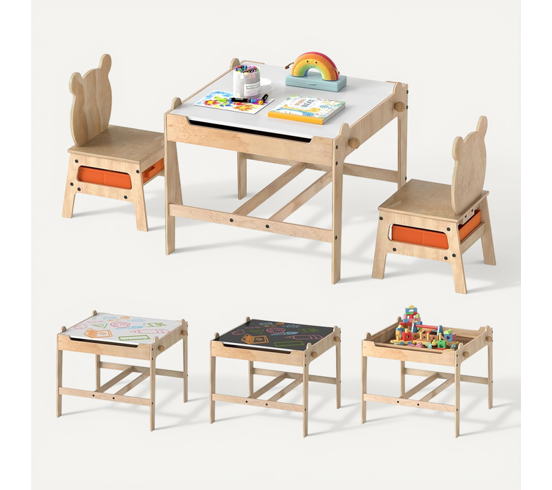 4 En 1 Table Enfant Avec 2 Chaises, Tableau Blanc Et Tableau Noir Réversible, 2 Tiroirs (panda)