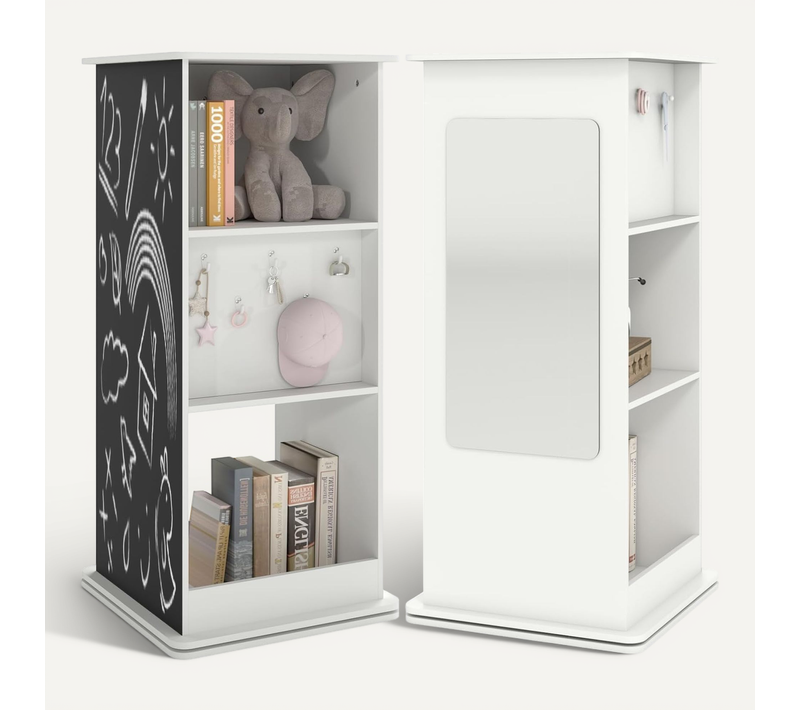 Bibliothèque Enfant Rotative à 360°à 3 Niveaux Avec Miroir Et Tableau Noir, 8 Crochets