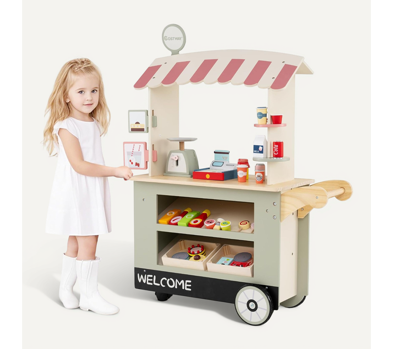 Epicerie Enfant En Bois Avec 30 Pièces Accessoires, Auvent Supérieur Et Poignée De Poussée (vert)