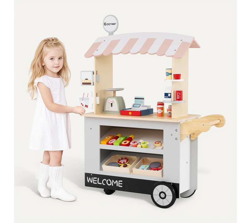 Epicerie Enfant En Bois Avec 30 Pièces Accessoires, Auvent Supérieur Et Poignée De Poussée (gris)