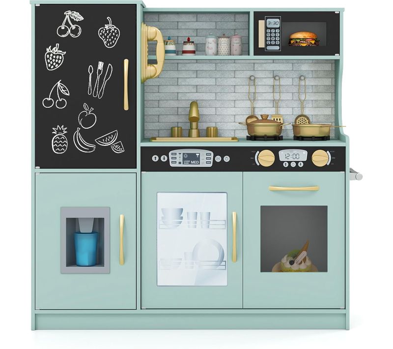Cuisine Enfants Avec Tableau Noir, Micro-ondes Et Machine De Glaçons, 82 X 24 X 80 Cm (vert)