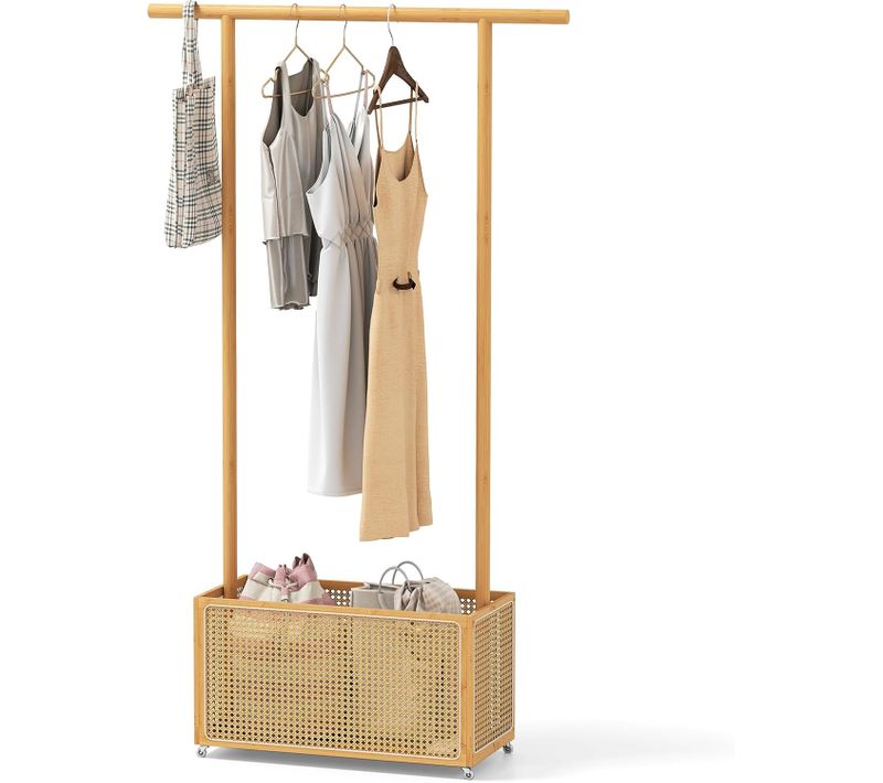 Porte-vêtements Bambou 100x33x172cm Sur Roulette, Panier Linge 60l Rotin Pe ,naturel