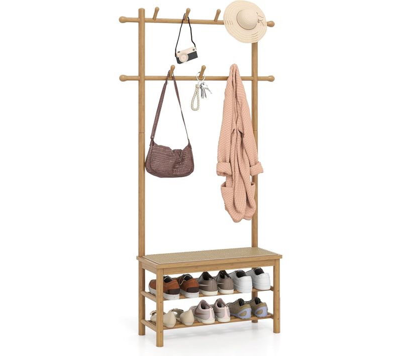 Porte Manteau 3 En 1 Bambou 169.5cm, Banc Rotin, 2 Niveaux Chaussures,13 Crochets ,naturel