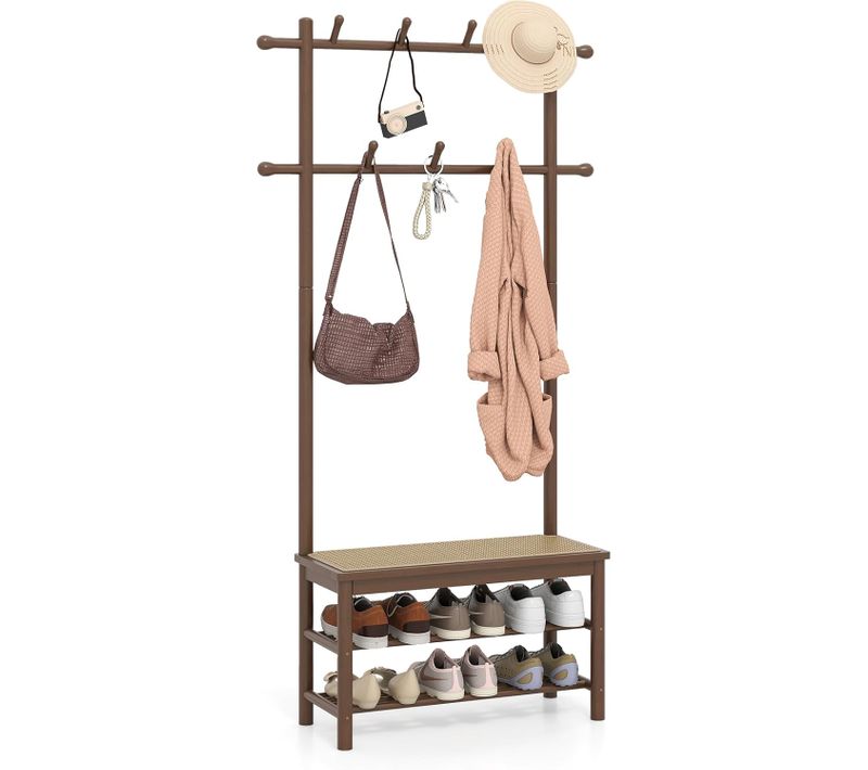 Porte Manteau 3 En 1 Bambou 169.5cm, Banc Rotin, 2 Niveaux Chaussures, 13 Crochets ,marron