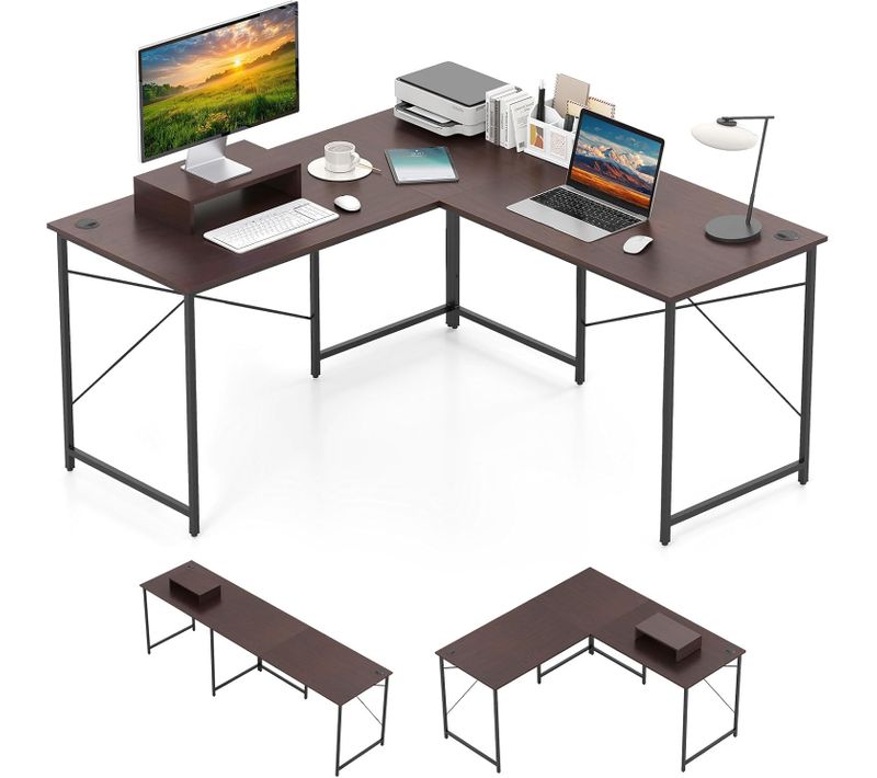 Bureau D'angle En L Réversible 150x150x74cm, Support Moniteur, 3 Trous De Câble ,brun