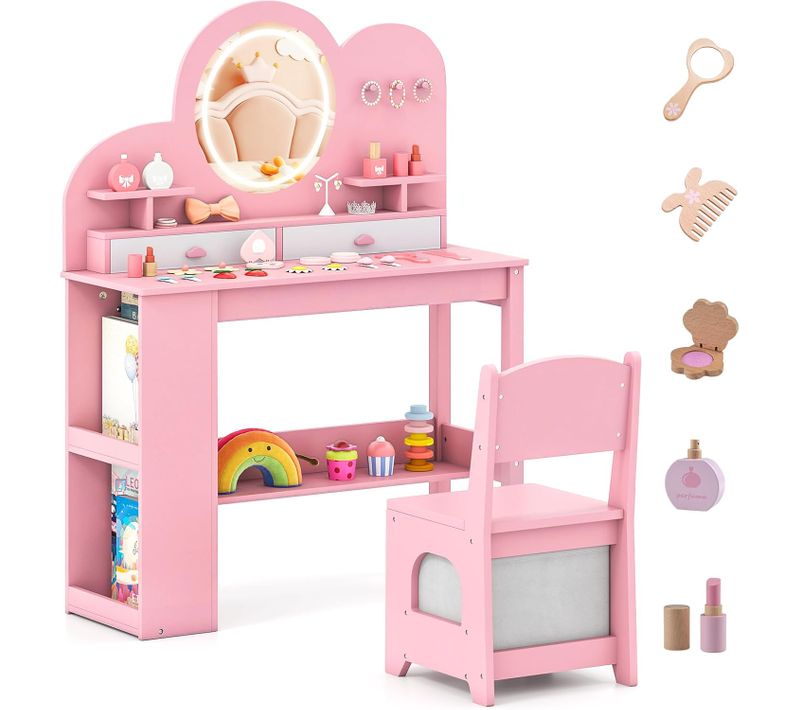 Bureau Enfant Forme Nuage Avec Chaise Et Miroir, Tiroir Et Bibliothèque, 81x30x107cm,rose