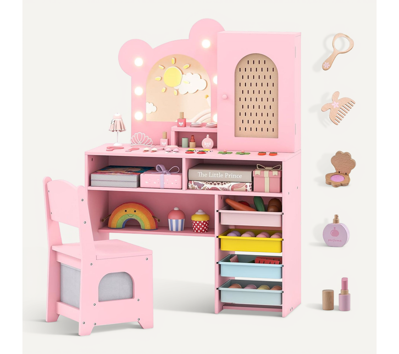Coiffeuse Enfant Avec Chaise Et Miroir Lumineux, 5 Tiroirs Et Armoire, 80x29.5x110cm,rose