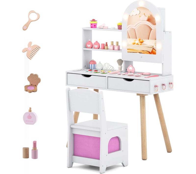 Coiffeuse Enfant Avec Chaise Et Miroir Lumineux, 2 Tiroirs Et Étagère, 79x29x113cm ,blanc