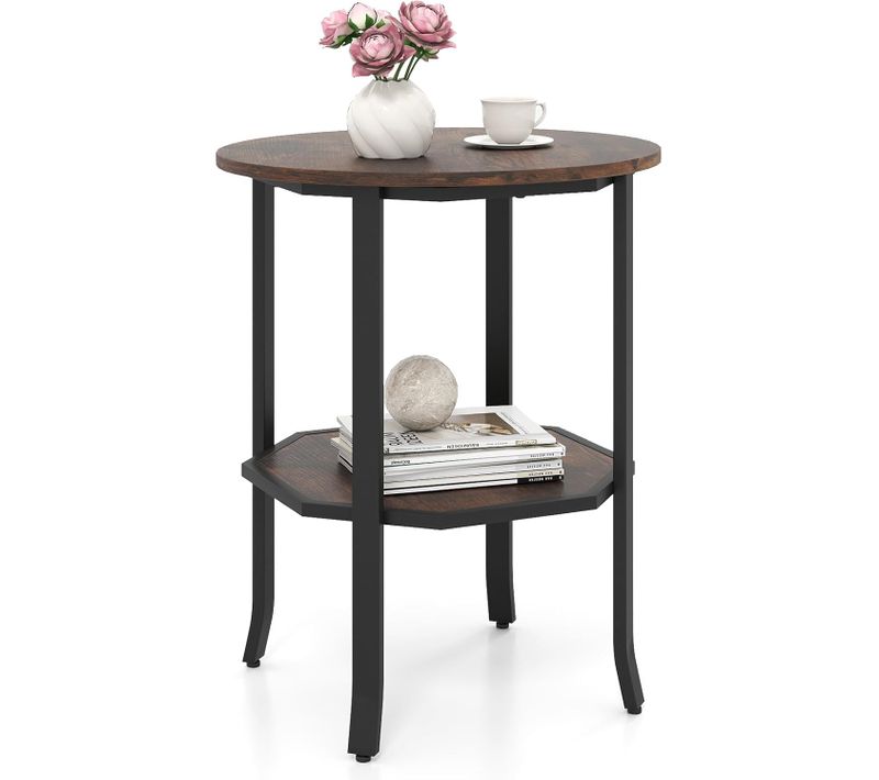 Table D'appoint Ronde 50x50x61cm, 2 Niveaux, Cadre Métal, Style Industriel ,brun Rustique