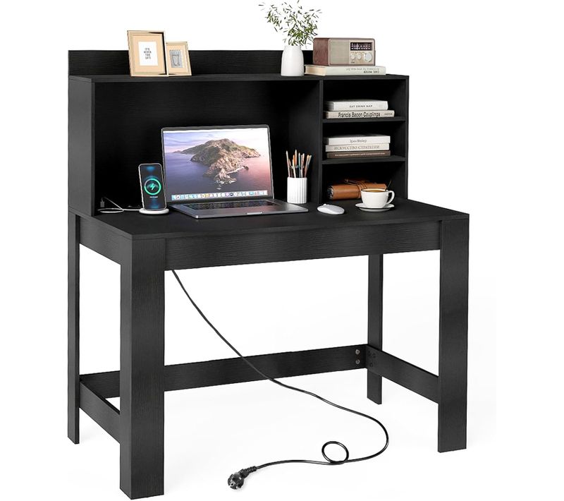 Bureau D'ordinateur 108x60cm Avec Bibliothèque, Prise Et USB Intégrées, Passe-câbles, Noir