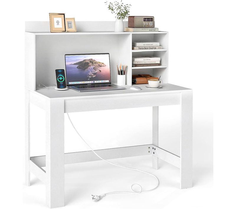 Bureau D'ordinateur 108x60cm Avec Bibliothèque, Prise Et USB Intégrées, Passe-câbles, Blanc