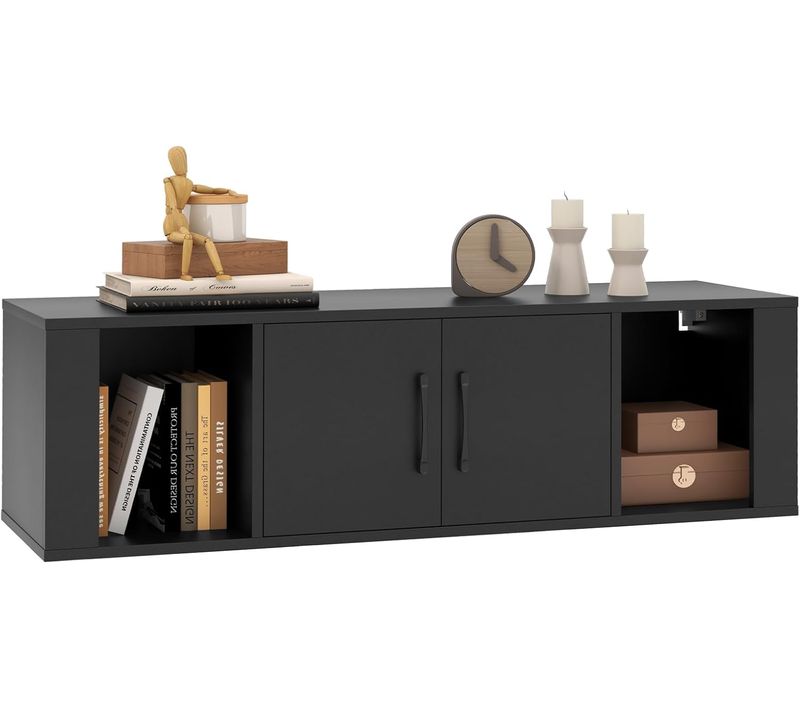 Meuble TV Suspendu Flottant 108x33x31cm, 2 Portes Avec Cubes De Rangement, Pour Salon，noir