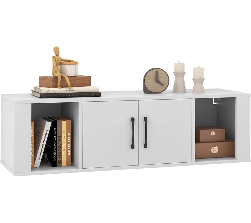 Meuble TV Suspendu Flottant à 2 Portes, 2 Cubes, Console Multimédia TV Convient (blanc)