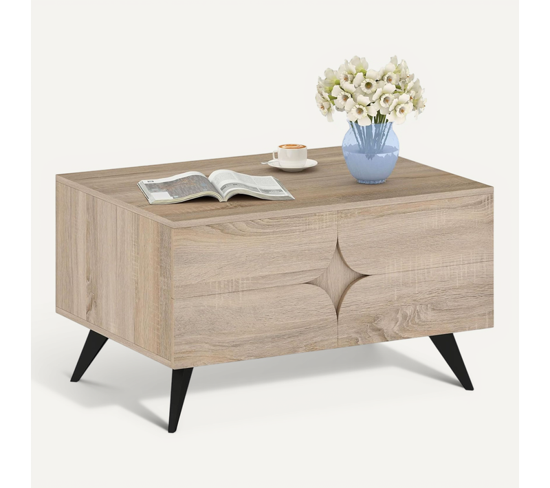 Table Basse Scandinave Style Ferme 80x60x46cm, Rangement 3 Portes, 4 Pieds Surélevés