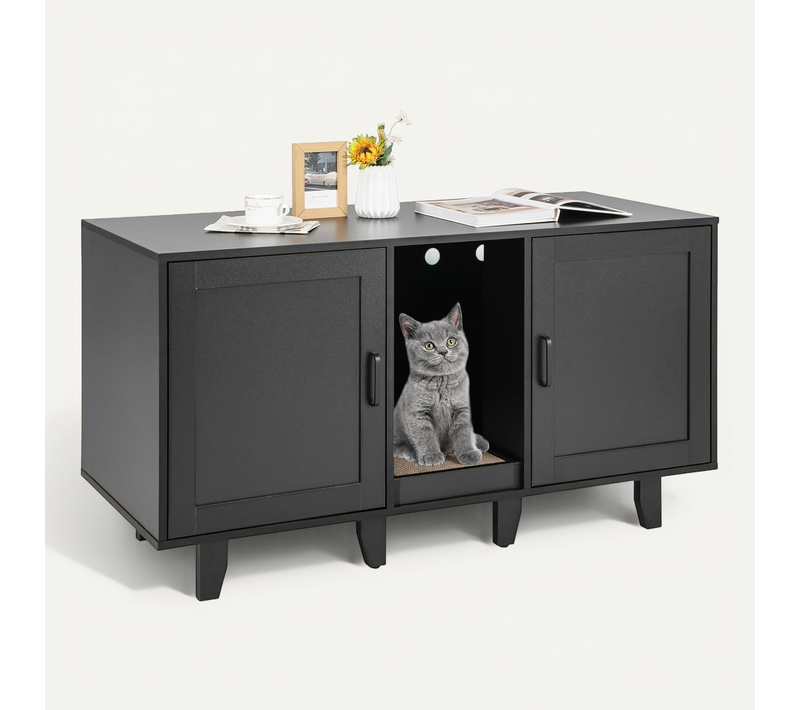 Meuble Litière Chat En Bois Double Porte 3 En 1, Planche à Griffer, 120 × 52 × 65 Cm (noir)