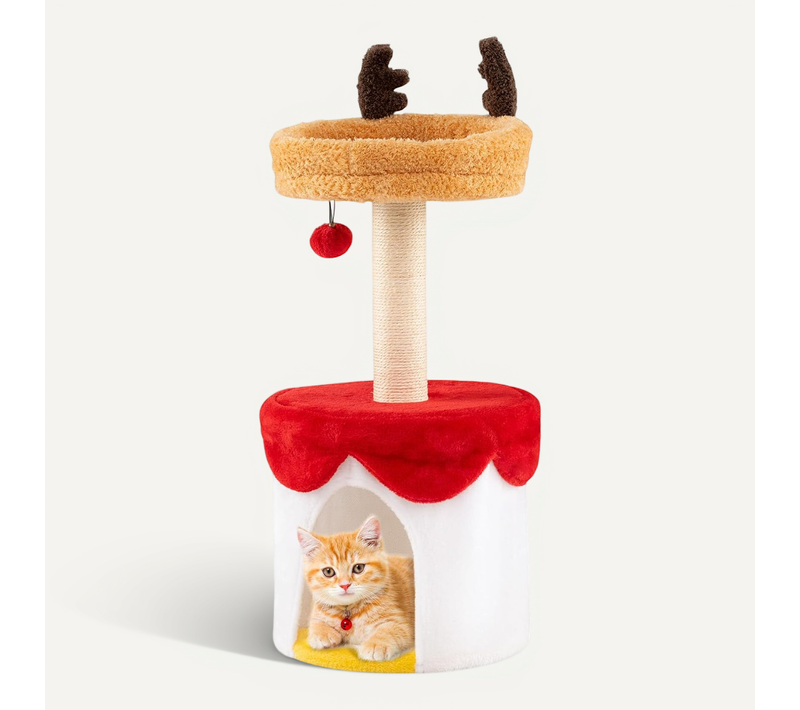 Petit Arbre à Chat De Noël 80 Cm, Arbre à Chat Design De Style Renne, Plateforme, 35 × 35 × 80 Cm