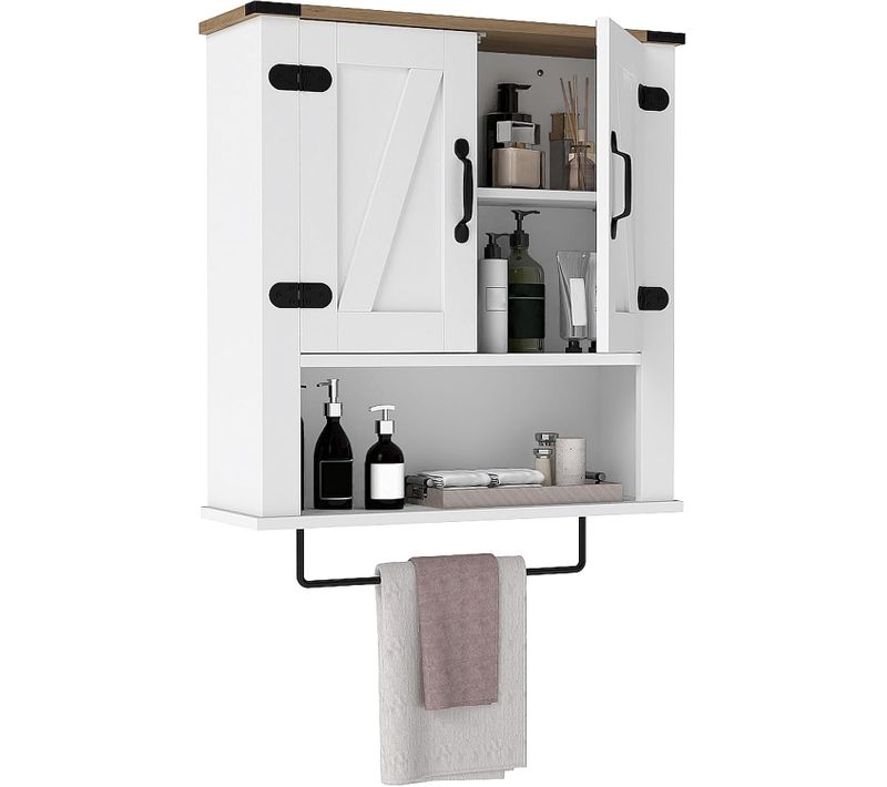 Armoire Murale Salle De Bain 60x20x73cm, 2 Portes, Étagère Réglable, Barre Serviettes,blanc
