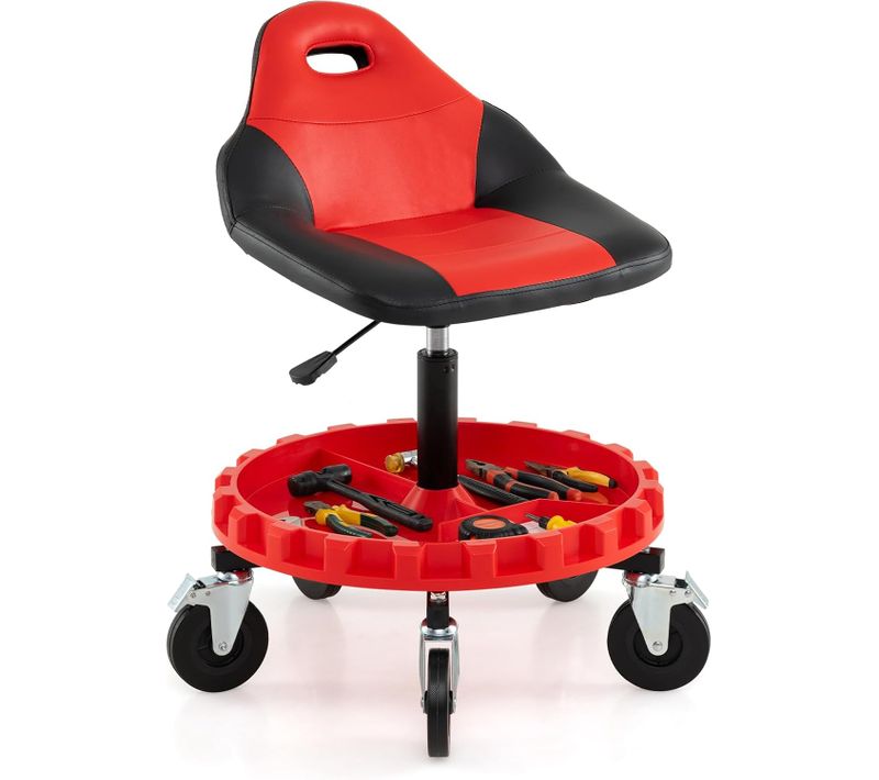 Tabouret D'atelier Roulant 71-83cm Réglable,5 Roues, Plateau Outils, Charge 150kg,noir+rouge
