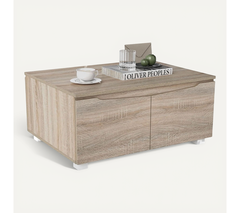 Table Basse Avec Rangement 80x60x37cm, 4 Portes à Ouverture Double, Style Moderne,chêne
