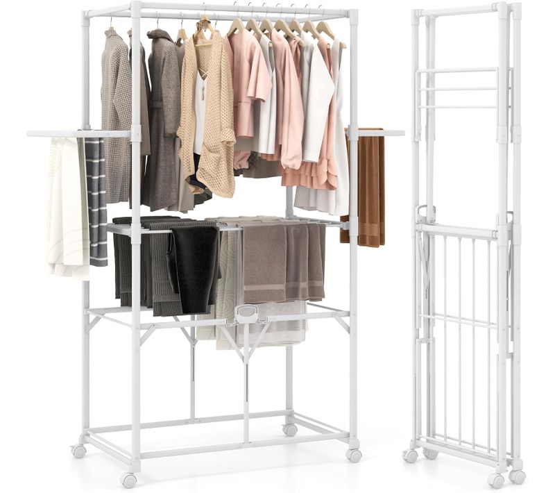 Grand Séchoir à Linge Pliable Alu 174cm,10 Barres,2 Ailes Latérales,roulettes,blanc