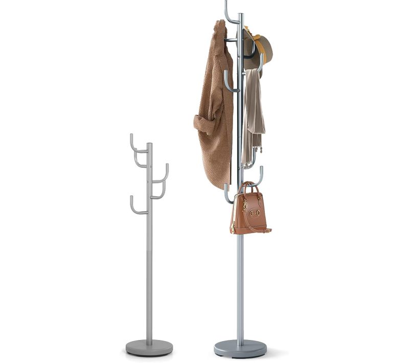 Porte Manteau Perroquet Métal 175cm, 8 Crochets, Base Lestée, Style Cactus ,argent
