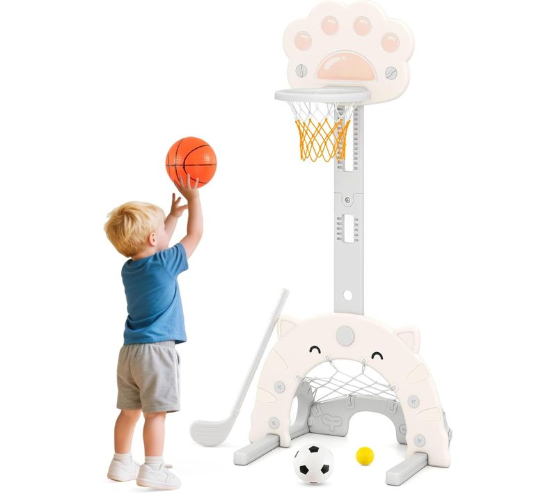 Panier Basket 3 En 1 Enfant Forme Patte De Chat, Hauteur Réglable 130-151cm, 3 Ans+，blanc