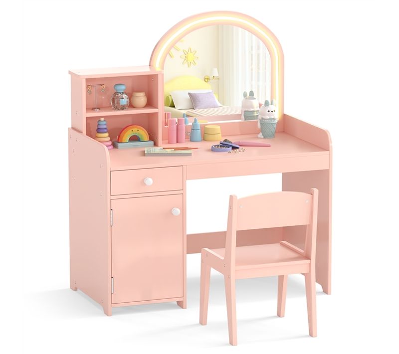 2 En 1 Coiffeuse Enfants,table De Maquillage Avec LED Miroir Et Tabouret,80x41x94cm,Rose grisâtre