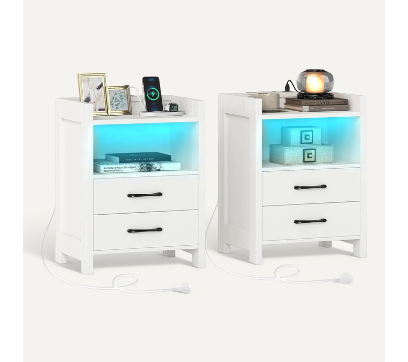 Table De Chevet LED 16 Couleurs Avec Prise, USB, Type-c, 2 Tiroirs, 45x35x60cm ,blanc