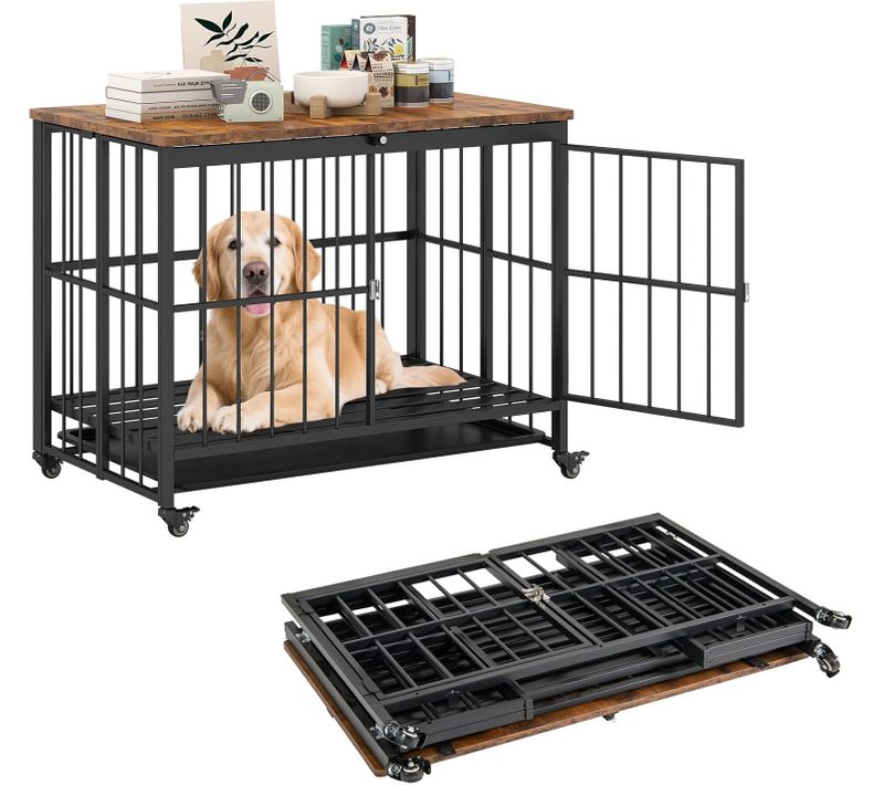 Cage Pour Chien Pliable 97 X 64 X 75cm à Roulettes, Plateau Amovible, Charge 140kg,noir