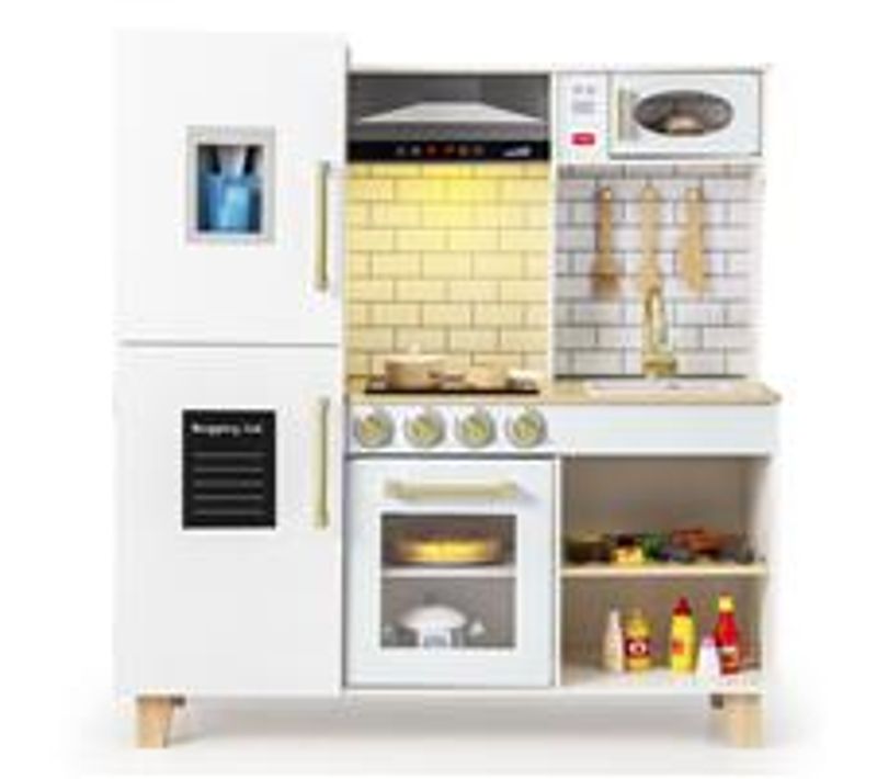 Cuisine Enfant Bois Avec Lumières Et Sons, 10 Accessoires, Hotte, Machine à Glaçons ,blanc