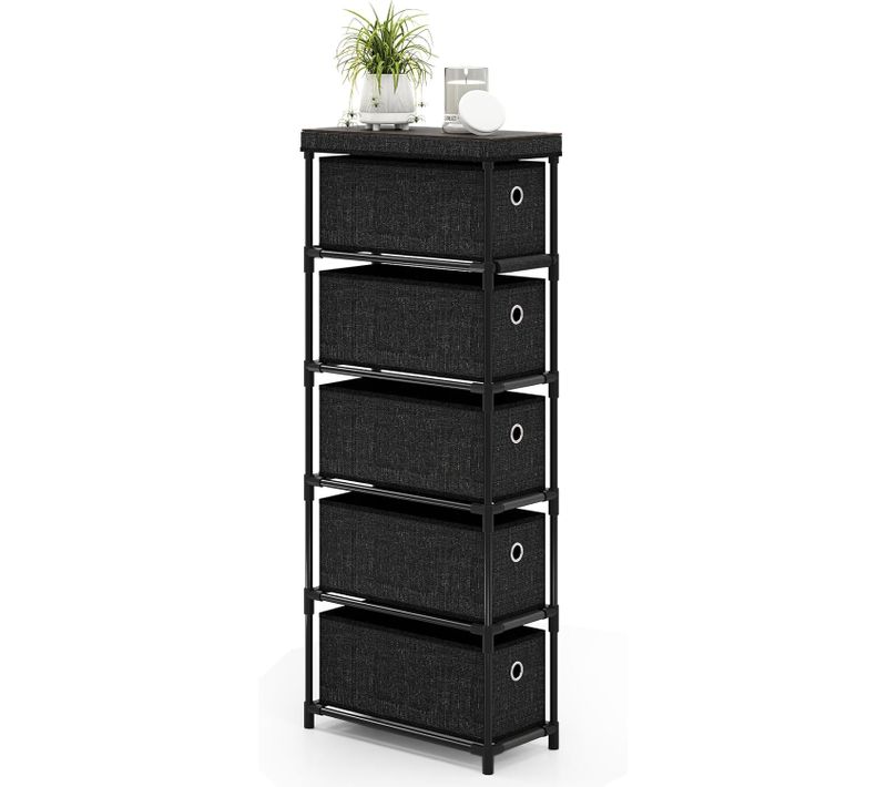 Commode Tissu Étroit 5 Tiroirs, Plateau Bois, Cadre Métal, Design Compact ,40x19x100cm ,noir