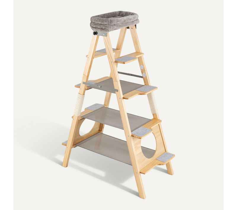 Arbre à Chat Pliable 5 Niveaux, Bois Pin, 8 Échelles, 3 Hamacs, Sisal,104x53.5x151cm,gris
