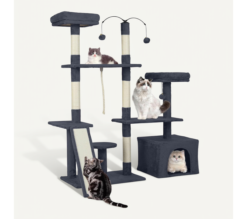 Arbre à Chat XXL Rotatif 121x70x136cm, 7 Plateformes, Condo, Sisal, Pompons ,gris Foncé