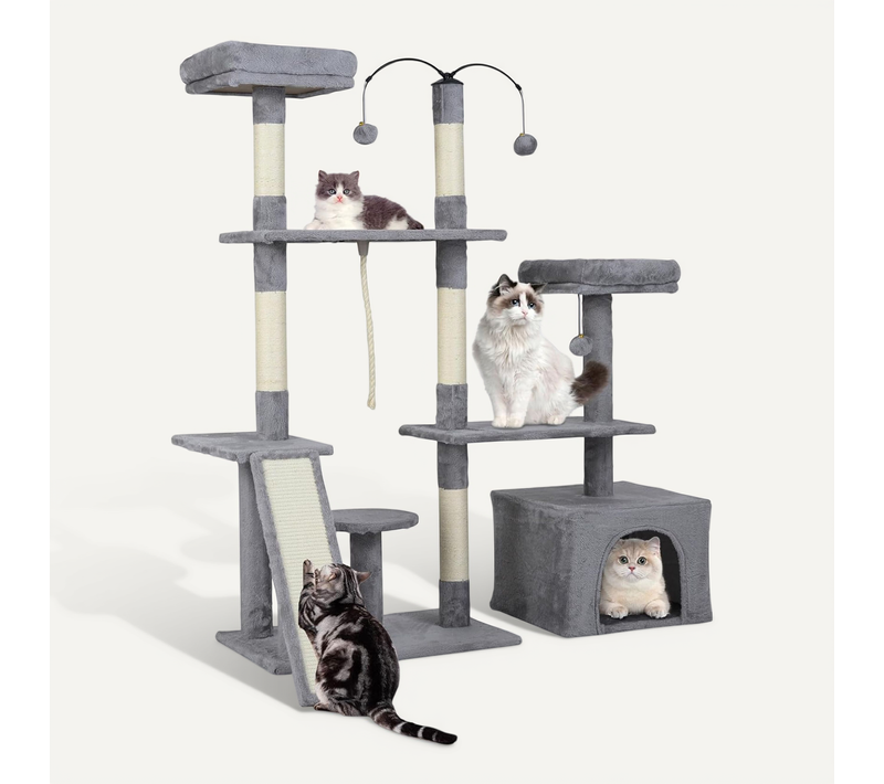 Arbre à Chat XXL Rotatif 121x70x136cm, 7 Plateformes, Condo, Sisal, Pompons ,gris Clair