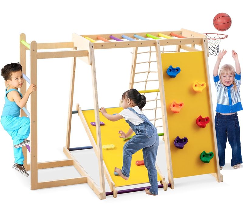 Aire De Jeux Escalade 6 En 1 Bois, Toboggan Rampe Échelle, Charge 75kg 3-14 Ans ,coloré
