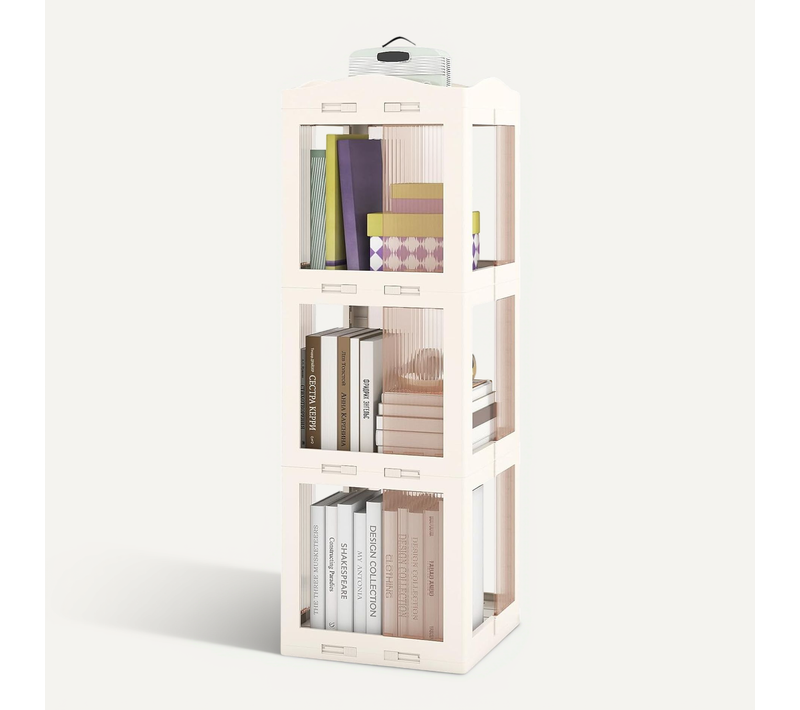 Bibliothèque Pliante Rotative, Étagère Tournante à 360°, Bibliothèque à 3 Niveaux, Blanc