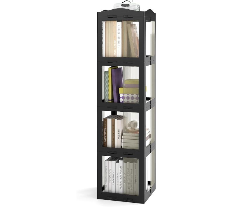 Bibliothèque Pliante Rotative, Étagère Tournante à 360°, Bibliothèque à 4 Niveaux, Noir
